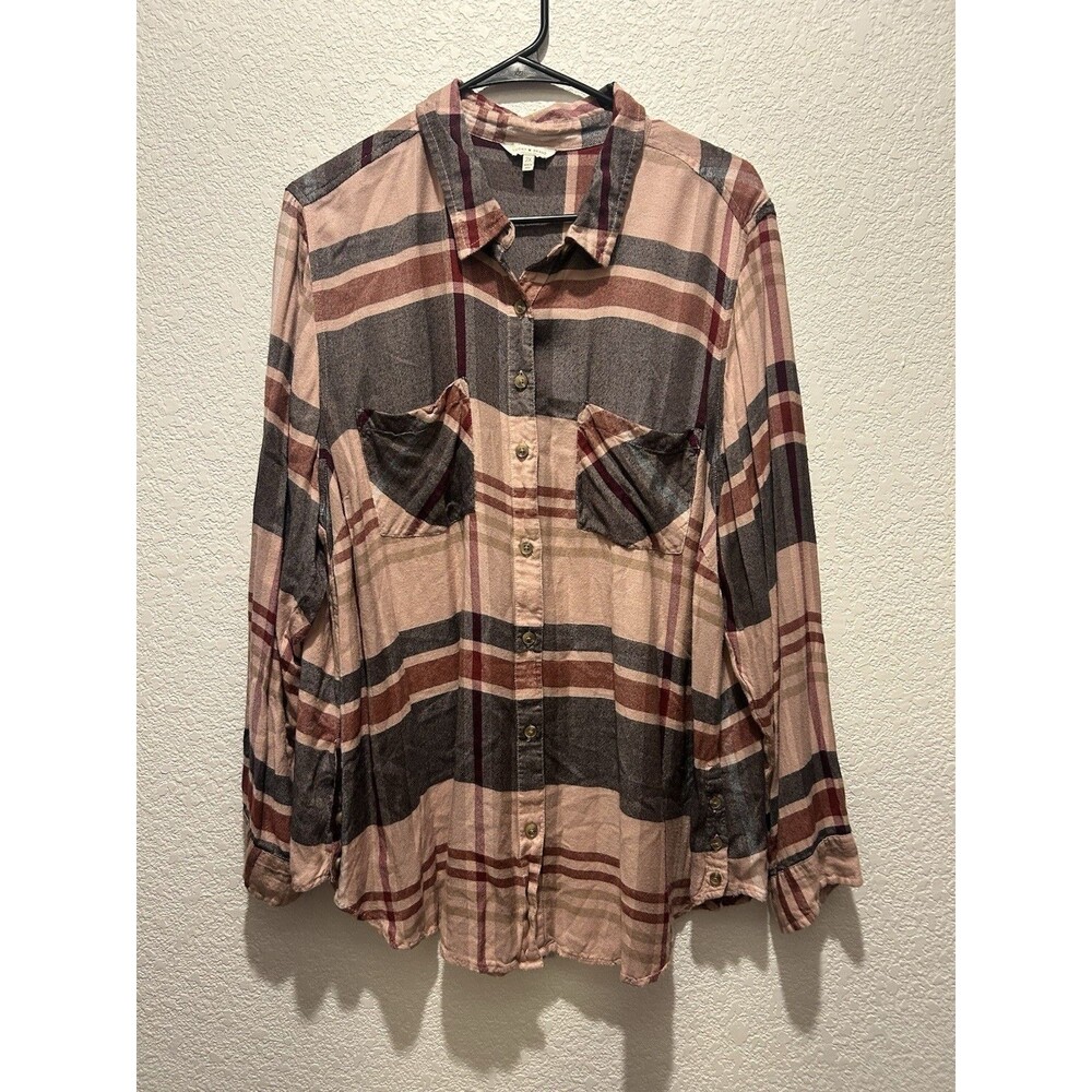 Lucky Brand Women's Size 2X Long Sleeve Button Up Shirt Rose Gray Plaid Top